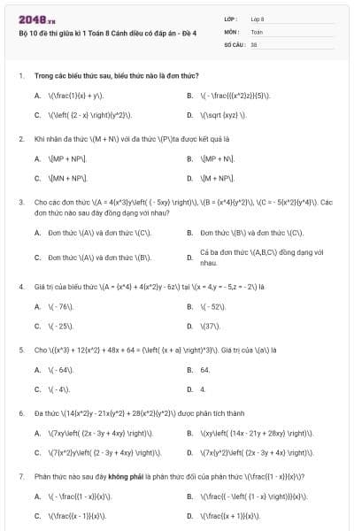Bộ 10 đề thi giữa kì 1 Toán 8 Cánh diều có đáp án - Đề 4