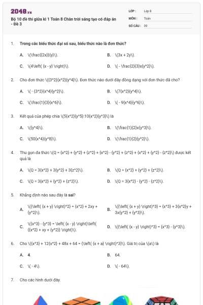 Bộ 10 đề thi giữa kì 1 Toán 8 Chân trời sáng tạo có đáp án - Đề 3