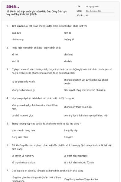 19 Đề thi thử thpt quốc gia môn Giáo Dục Công Dân cực hay có lời giải chi tiết (đề 5)