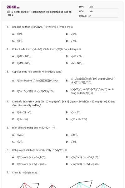 Bộ 10 đề thi giữa kì 1 Toán 8 Chân trời sáng tạo có đáp án - Đề 3