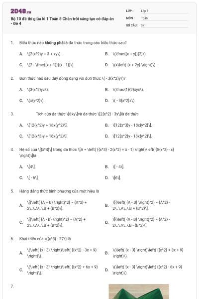 Bộ 10 đề thi giữa kì 1 Toán 8 Chân trời sáng tạo có đáp án - Đề 4