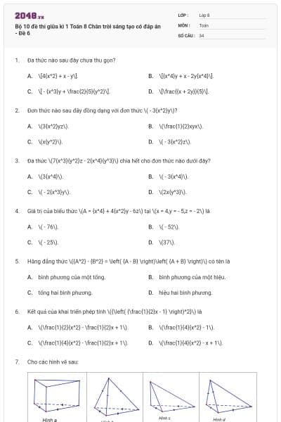 Bộ 10 đề thi giữa kì 1 Toán 8 Chân trời sáng tạo có đáp án - Đề 6