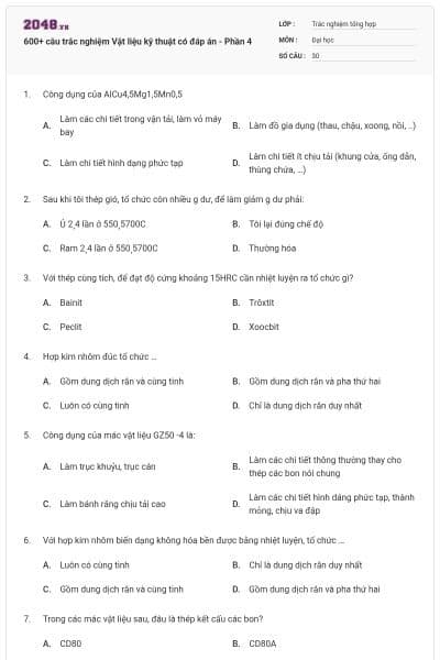 600+ câu trắc nghiệm Vật liệu kỹ thuật có đáp án - Phần 4
