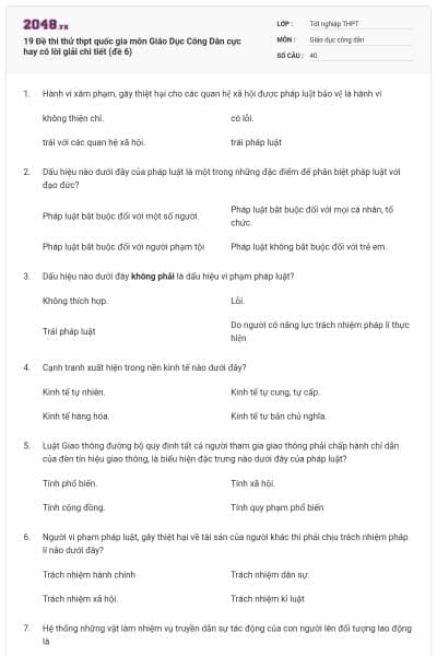 19 Đề thi thử thpt quốc gia môn Giáo Dục Công Dân cực hay có lời giải chi tiết (đề 6)
