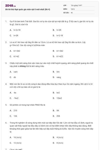 Đề thi thử thpt quốc gia môn vật lí mới nhất (Đề 4)