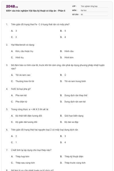 600+ câu trắc nghiệm Vật liệu kỹ thuật có đáp án - Phần 6