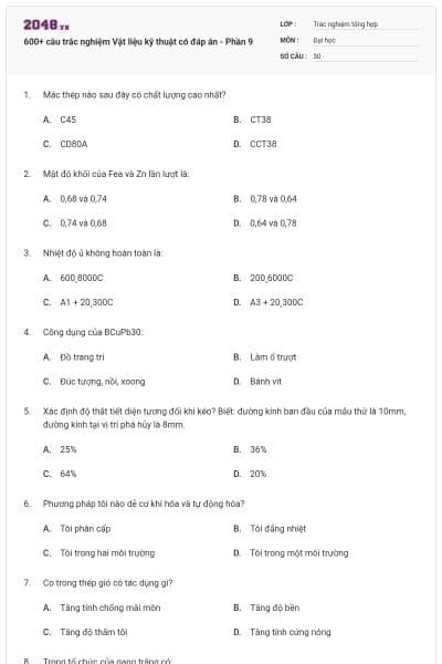 600+ câu trắc nghiệm Vật liệu kỹ thuật có đáp án - Phần 9