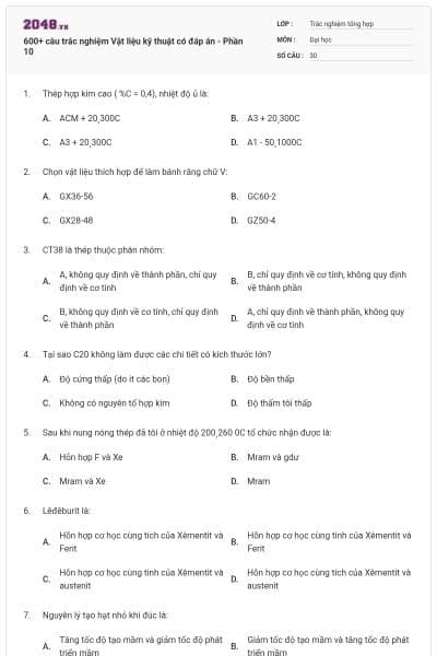 600+ câu trắc nghiệm Vật liệu kỹ thuật có đáp án - Phần 10