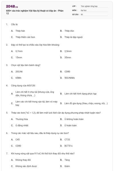 600+ câu trắc nghiệm Vật liệu kỹ thuật có đáp án - Phần 12
