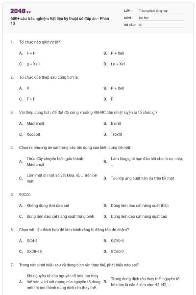 600+ câu trắc nghiệm Vật liệu kỹ thuật có đáp án - Phần 13