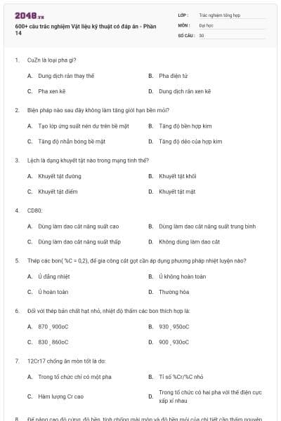 600+ câu trắc nghiệm Vật liệu kỹ thuật có đáp án - Phần 14
