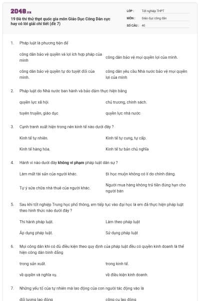 19 Đề thi thử thpt quốc gia môn Giáo Dục Công Dân cực hay có lời giải chi tiết (đề 7)