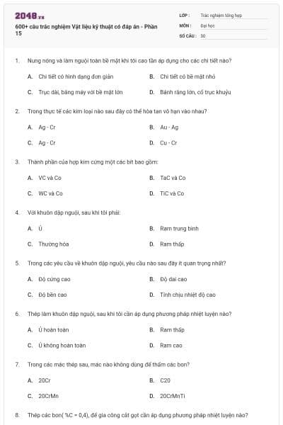 600+ câu trắc nghiệm Vật liệu kỹ thuật có đáp án - Phần 15