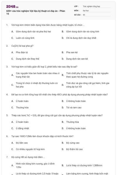 600+ câu trắc nghiệm Vật liệu kỹ thuật có đáp án - Phần 16