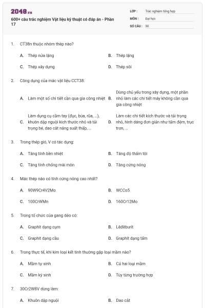 600+ câu trắc nghiệm Vật liệu kỹ thuật có đáp án - Phần 17