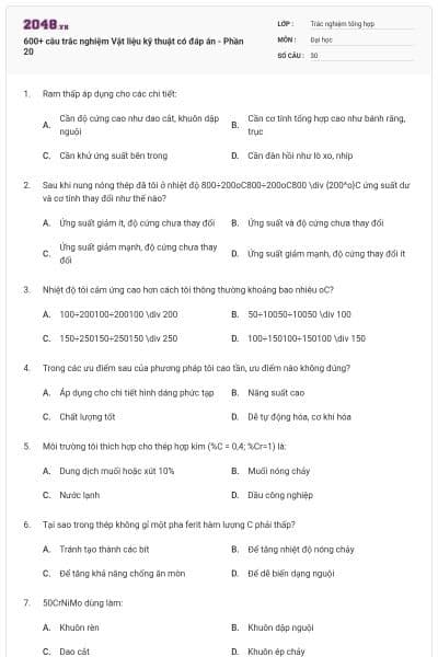 600+ câu trắc nghiệm Vật liệu kỹ thuật có đáp án - Phần 20