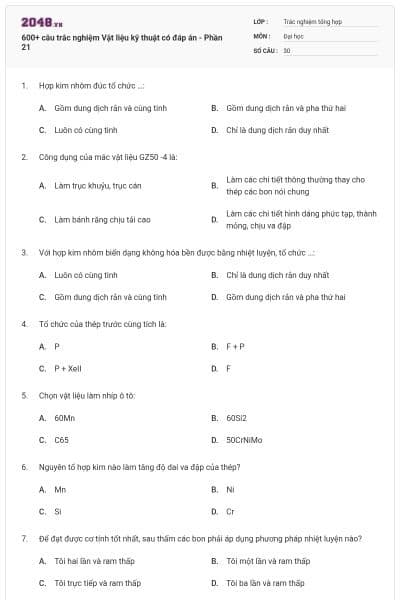 600+ câu trắc nghiệm Vật liệu kỹ thuật có đáp án - Phần 21