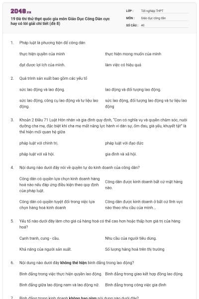 19 Đề thi thử thpt quốc gia môn Giáo Dục Công Dân cực hay có lời giải chi tiết (đề 8)