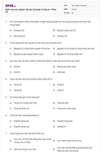 600+ câu trắc nghiệm Vật liệu kỹ thuật có đáp án - Phần 25