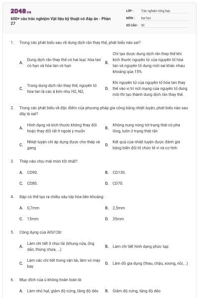 600+ câu trắc nghiệm Vật liệu kỹ thuật có đáp án - Phần 27