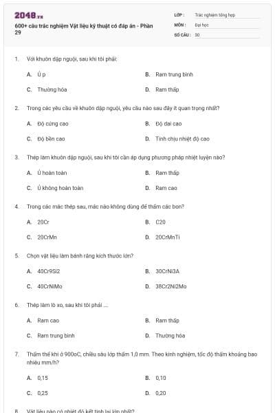 600+ câu trắc nghiệm Vật liệu kỹ thuật có đáp án - Phần 29