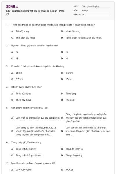 600+ câu trắc nghiệm Vật liệu kỹ thuật có đáp án - Phần 30