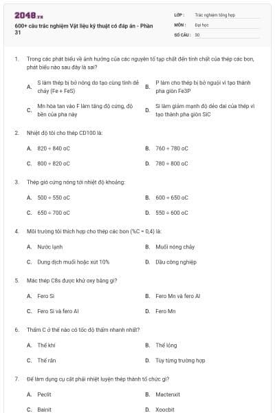 600+ câu trắc nghiệm Vật liệu kỹ thuật có đáp án - Phần 31