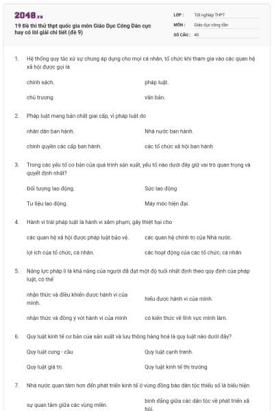 19 Đề thi thử thpt quốc gia môn Giáo Dục Công Dân cực hay có lời giải chi tiết (đề 9)