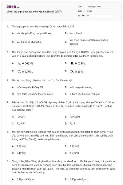 Đề thi thử thpt quốc gia môn vật lí mới nhất (Đề 7)