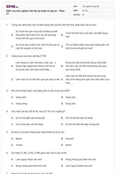 600+ câu trắc nghiệm Vật liệu kỹ thuật có đáp án - Phần 37