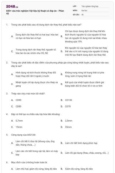 600+ câu trắc nghiệm Vật liệu kỹ thuật có đáp án - Phần 40