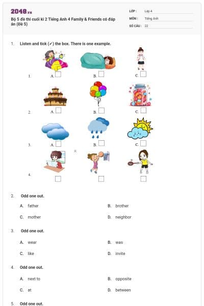 Bộ 5 đề thi cuối kì 2 Tiếng Anh 4 Family & Friends có đáp án (Đề 5)