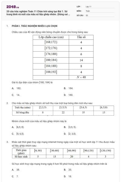 20 câu trắc nghiệm Toán 11 Chân trời sáng tạo Bài 1. Số trung bình và mốt của mẫu số liệu ghép nhóm. (Đúng sai - Trả lời ngắn) có đáp án