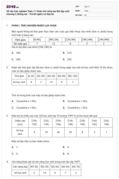 20 câu trắc nghiệm Toán 11 Chân trời sáng tạo Bài tập cuối chương 5 (Đúng sai - Trả lời ngắn) có đáp án