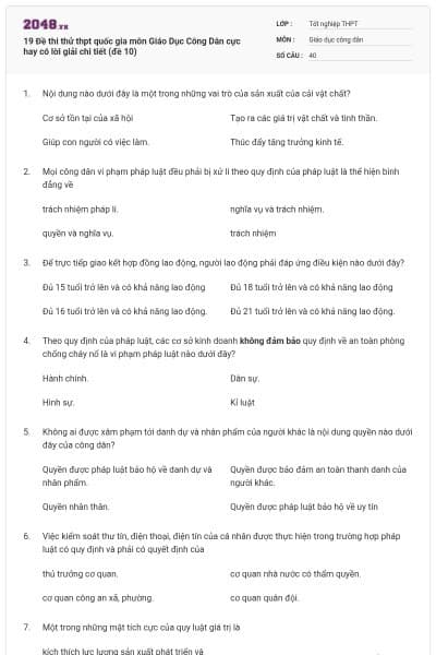 19 Đề thi thử thpt quốc gia môn Giáo Dục Công Dân cực hay có lời giải chi tiết (đề 10)