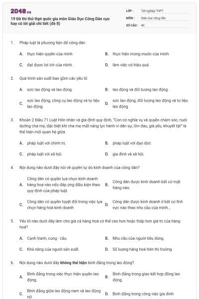 19 Đề thi thử thpt quốc gia môn Giáo Dục Công Dân cực hay có lời giải chi tiết (đề 8)