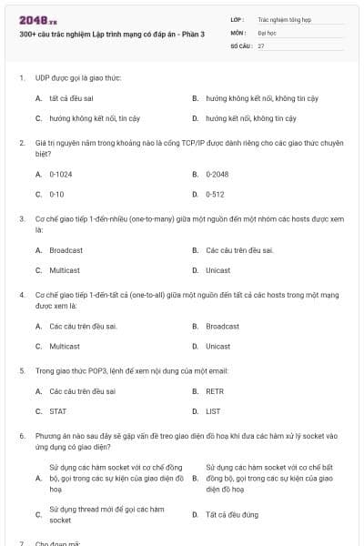 300+ câu trắc nghiệm Lập trình mạng có đáp án - Phần 3