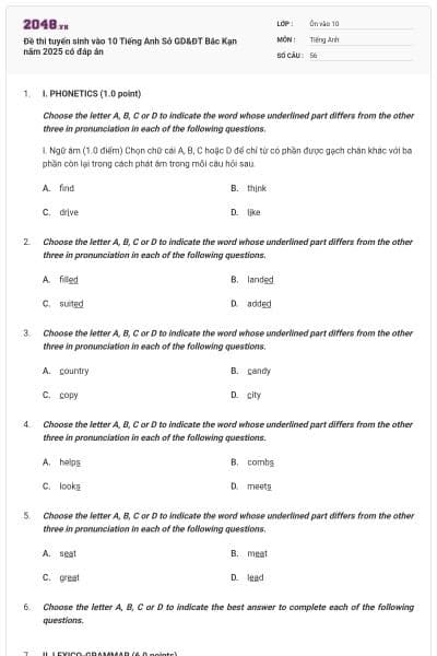 Đề thi tuyến sinh vào 10 Tiếng Anh Sở GD&ĐT Bắc Kạn năm 2025 có đáp án