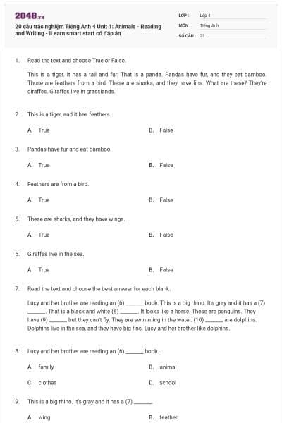 20 câu trắc nghiệm Tiếng Anh 4 Unit 1: Animals - Reading and Writing - iLearn smart start có đáp án