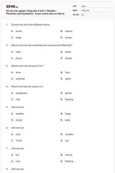 20 câu trắc nghiệm Tiếng Anh 4 Unit 3: Weather - Phonetics and Vocabulary - iLearn smart start có đáp án