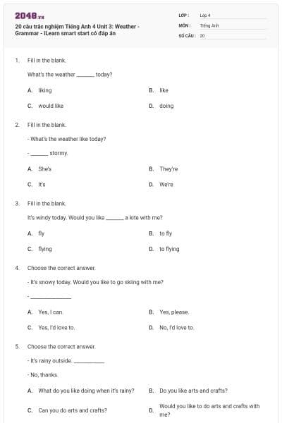 20 câu trắc nghiệm Tiếng Anh 4 Unit 3: Weather - Grammar - iLearn smart start có đáp án