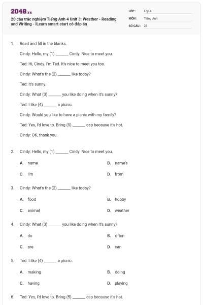 20 câu trắc nghiệm Tiếng Anh 4 Unit 3: Weather - Reading and Writing - iLearn smart start có đáp án