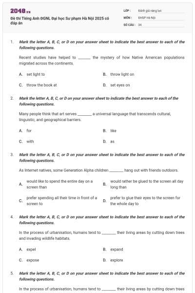 Đề thi Tiếng Anh ĐGNL Đại học Sư phạm Hà Nội 2025 có đáp án