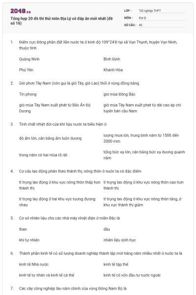 Tổng hợp 20 đề thi thử môn Địa Lý có đáp án mới nhất (đề số 16)