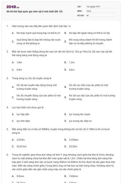Đề thi thử thpt quốc gia môn vật lí mới nhất (Đề 10)