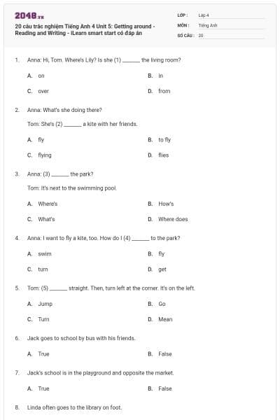 20 câu trắc nghiệm Tiếng Anh 4 Unit 5: Getting around - Reading and Writing - iLearn smart start có đáp án