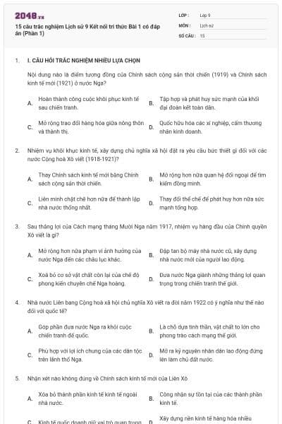 15 câu trắc nghiệm Lịch sử 9 Kết nối tri thức Bài 1 có đáp án (Phần 1)