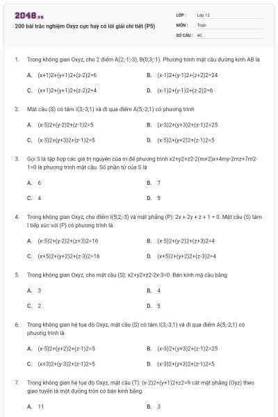 200 bài trắc nghiệm Oxyz cực hay có lời giải chi tiết (P5)