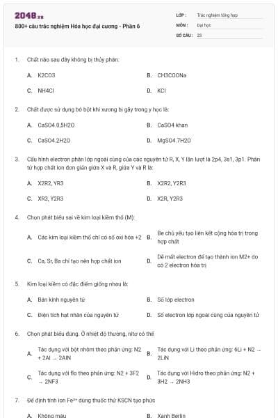 800+ câu trắc nghiệm Hóa học đại cương - Phần 6