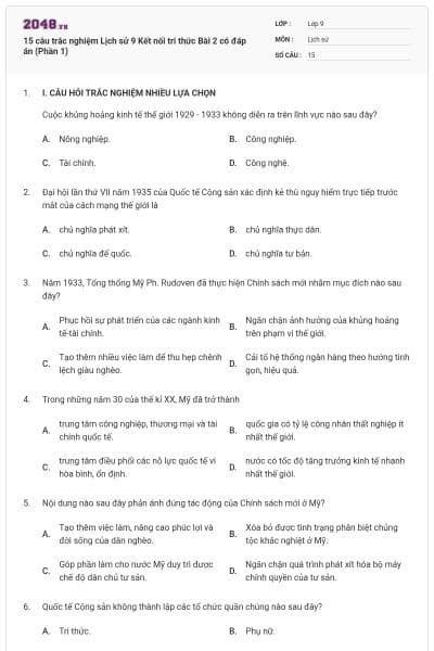 15 câu trắc nghiệm Lịch sử 9 Kết nối tri thức Bài 2 có đáp án (Phần 1)